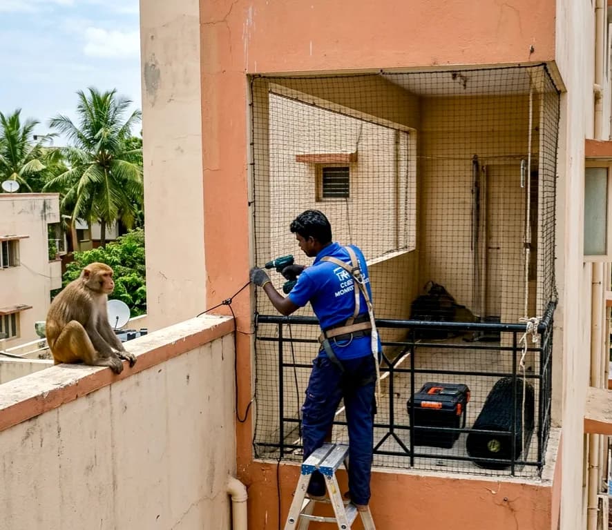 Heavy-gauge monkey deterrent safety netting on Bangalore terrace